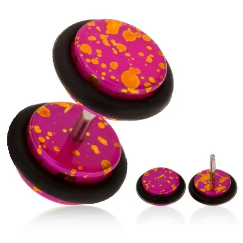 Akrylový fake plug do ucha, fuksiový podklad s oranžovými fľakmi, gumičky