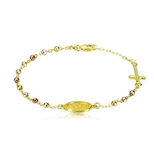 Náramok zlatej farby zo striebra 925 - trojfarebné guličky, medailón a kríž