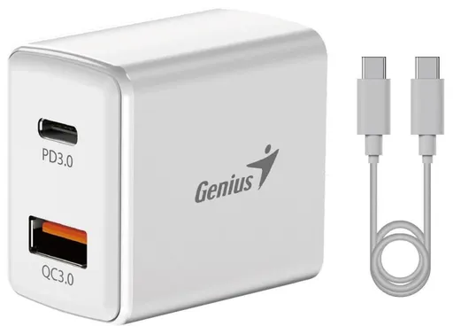 GENIUS nabíjací set PD-20ACP, 20W, rýchle nabíjanie, USB-C PD3.0, USB-A QC3.0, 1m kábel USB-C USB-C, biela