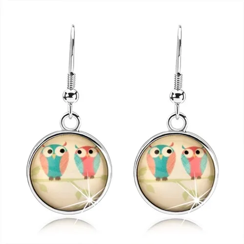Kabošon náušnice, kruh, obrázok - dve sovičky na konári pod vypuklým sklom