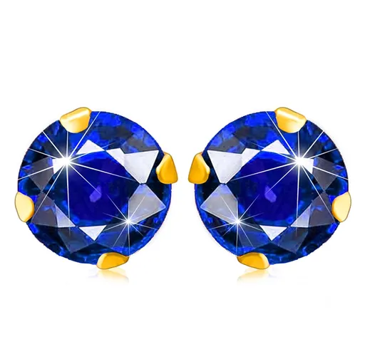 Náušnice v 9K zlate - trblietavý okrúhly zirkónik tmavomodrej farby