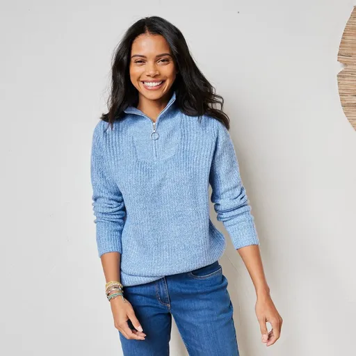 Pulóver so stojačikom na zips a hladkým vzorom