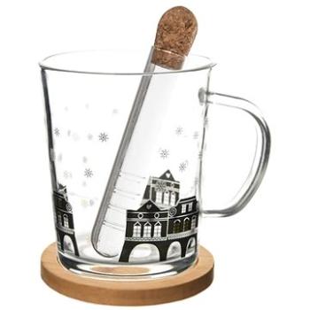 ORION Hrnček sklo/bambus podšálka + infuzér DOMY 0,42 l (128884)