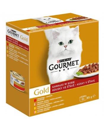 GOURMET GOLD Multipack hovädzie, morka, losos, kura v šťave konzervy pre mačky 8x85g