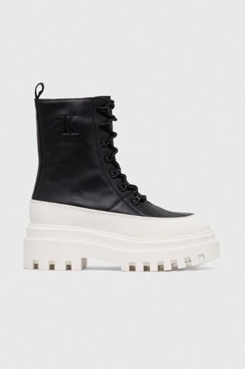 Kožené workery Calvin Klein Jeans FLATFORM LACE UP BOOT LTH dámske, čierna farba, na platforme, YW0YW01110
