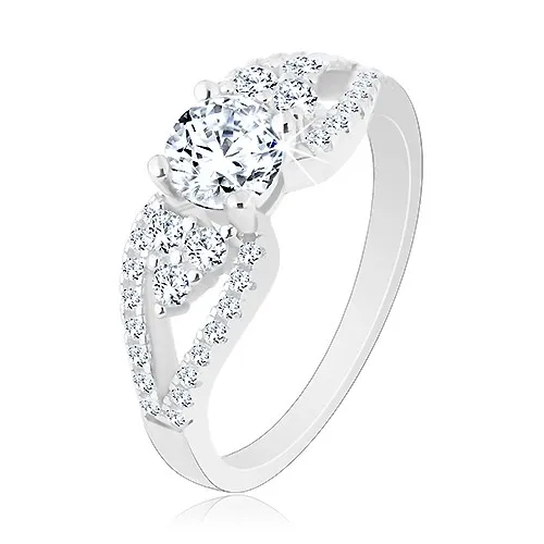 Strieborný 925 prsteň, ligotavý zirkón, lístky po stranách, rozdvojené ramená - Veľkosť: 49 mm