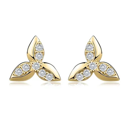 Zlaté náušnice v 9K žltom zlate - listy so širším lemom, zirkóny, puzetky