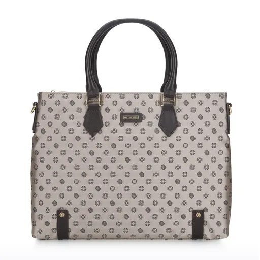 Dámska kabelka na notebook 12” zo žakáru s koženými pásikmi béžová