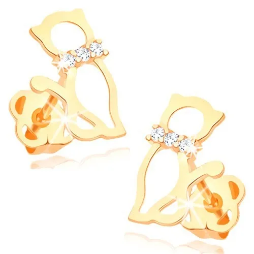 Náušnice v žltom 14K zlate - obrys mačky s diamantovým obojkom