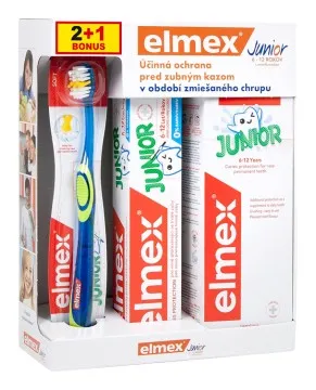 Elmex Junior Systém zubná kefka + zubná pasta 75 ml + ústna voda 400 ml darčeková sada