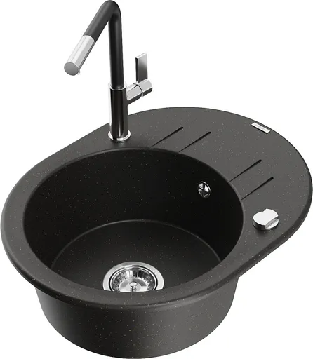 MEXEN/S MEXEN/S - Kevin granitový drez 1-miska s odkvapkávačom vrátane batérie Flora, čierna/zlatá metalik 6517-75-670401-07