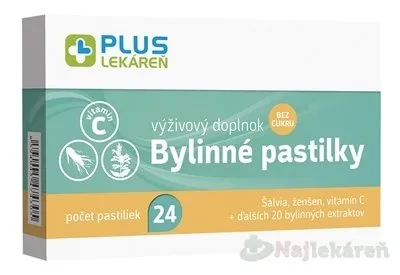 Plus Lekáreň Bylinné pastilky bez cukru šalvia ženšen vitamín C 24 pastiliek