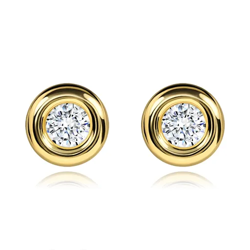 Zlaté náušnice 9K s okrúhlym zirkónom v hladkej obrube