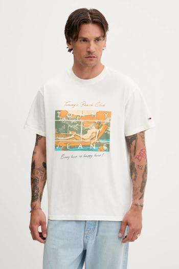 Bavlnené tričko Tommy Jeans pánske, béžová farba, s potlačou, DM0DM21387