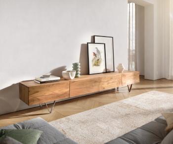 TV stolík Wyatt 220 cm prírodná akácia 4 zásuvky podstavec v tvare