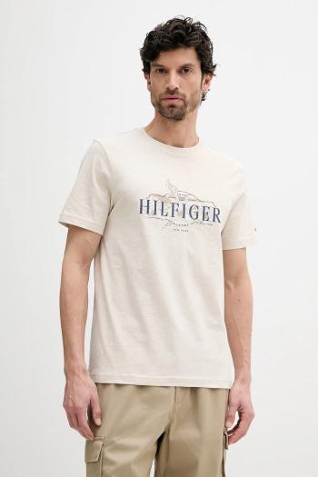 Bavlnené tričko Tommy Hilfiger pánske, béžová farba, s potlačou, MW0MW39353