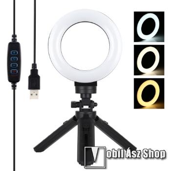 PULUZ MINI UNIVERZÁLIS 12cmes LED selfie körfény tripod állvány - állítható színhőmérséklet 3200K-6500K, 360°-ban forgatható, állítható állvány, 14.5cm magas tripod állvány - FEKETE