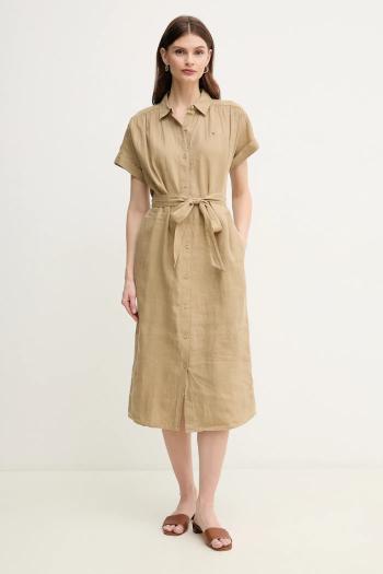 Ľanové šaty Tommy Hilfiger zelená farba, midi, áčkový strih, WW0WW44653
