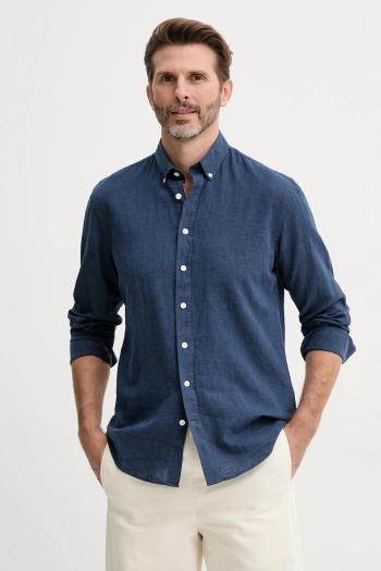 Ľanová košeľa Lindbergh tmavomodrá farba, voľný strih, s golierom button-down, 30-203344B
