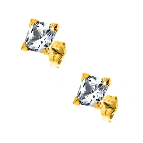 Náušnice zo žltého 9K zlata - trblietavý štvorcový zirkón čírej farby, 6 mm
