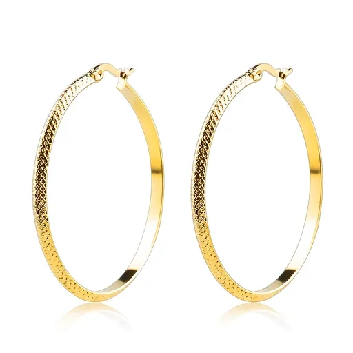 Oceľové náušnice zlatej farby - kruhy s mriežkovaným vzorom, francúzsky zámok