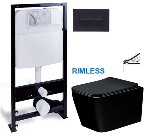 PRIM predstenový inštalačný systém s čiernym tlačidlom 20/0044 + WC MEXEN TEO ČERNÁ Rimless + SEDADLO PRIM_20/0026 44 ME02