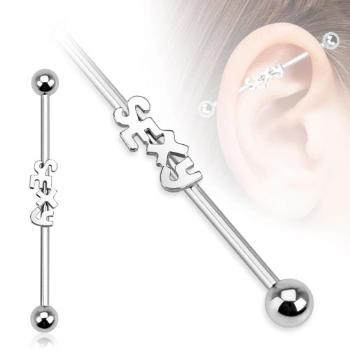 Oceľový piercing do ucha - činka s nápisom SEXY a guľôčkami