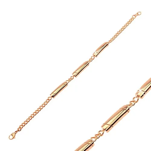 Oceľový náramok v medenom odtieni, tri valčeky so šikmými ryhami