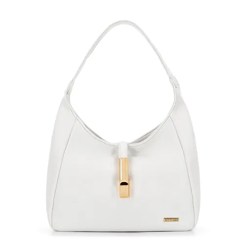 Torebka damska worek z dekoracyjną klamrą na pasku biała 99-4Y-402-0