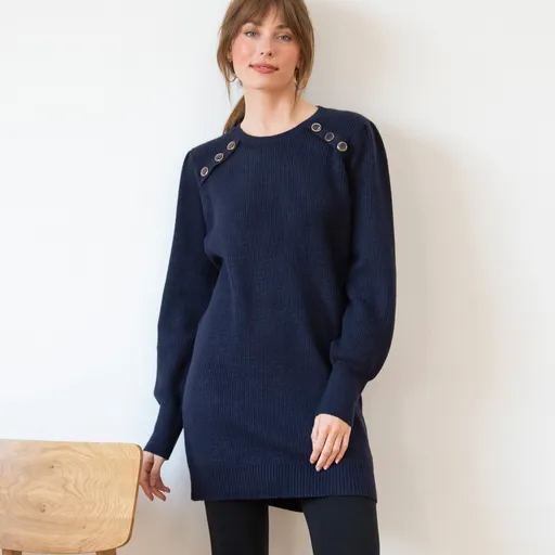 Jednofarebný tunikový pulóver s ozdobnými gombíkmi