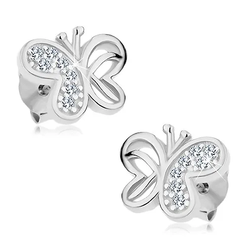 Strieborné 925 náušnice, motýlik zdobený výrezmi a čírymi zirkónmi, puzetky
