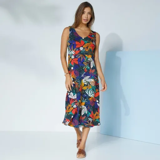 Rozšírené midi šaty bez rukávov, s potlačou