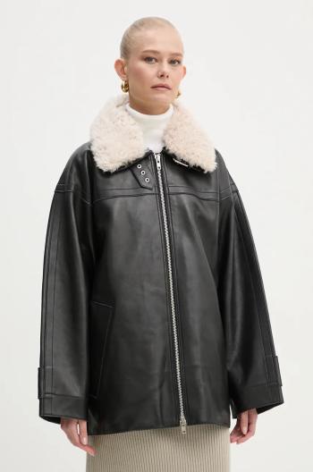 Kožená bunda Stand Studio Emelia Jacket dámska, čierna farba, prechodná, oversize, 62271-7540