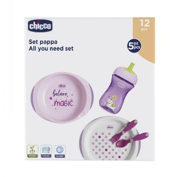 CHICCO Jedálenský set - taniere, príbor, pohárik, 12m+ ružový 200 ml