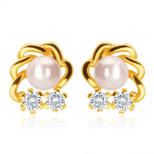 Náušnice v žltom zlate 585 - biela perla, dva číre zirkóniky, zvlnená kontúra obláčika