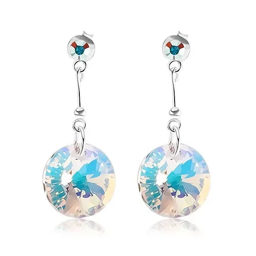 Strieborné 925 náušnice, okrúhly svetložltý krištáľ Swarovski, farebné odlesky
