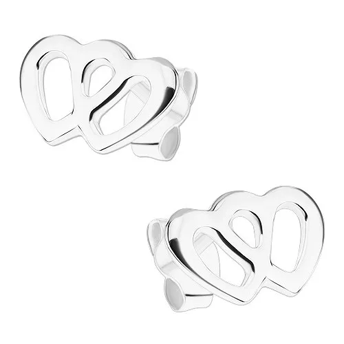 Náušnice zo striebra 925, dva prepojené obrysy sŕdc, puzetky