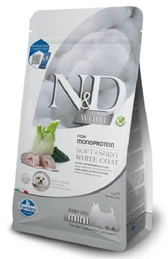 Farmina N&D dog WHITE (GF) adult mini, sea bass, spirulina & fenel granule pre psy 2kg