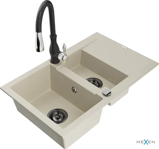 MEXEN/S MEXEN/S - Gaspar granitový drez 1.5 s odkvapkávačom vrátane batérie Savita, béžová 6507-69-672601-70