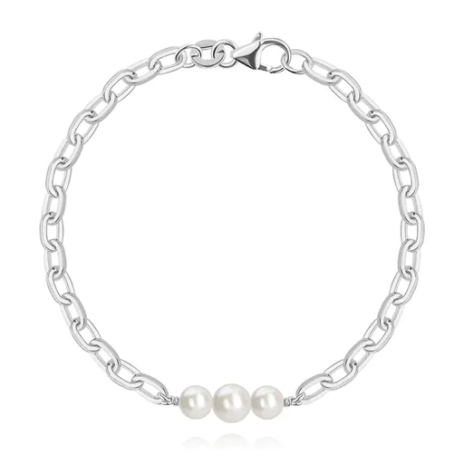 Náramok v 925 striebre - biele syntetické perly Swarovski, podlhovasté články