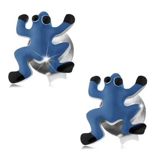 Strieborné náušnice 925, žabka zdobená tmavomodrou a čiernou glazúrou