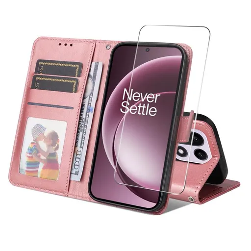ENKAY PREMIUM SET Peňaženkové puzdro a ochranné sklo OnePlus 15 ružové