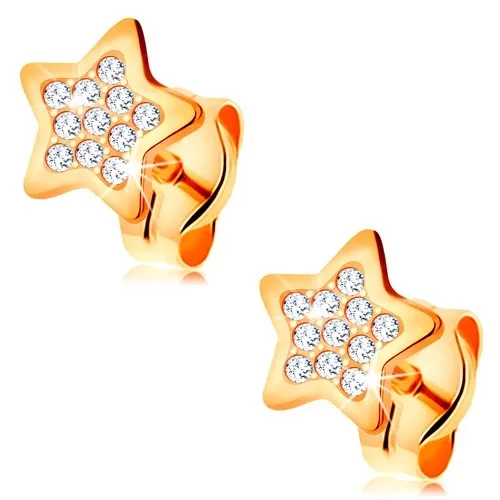 Náušnice zo žltého 14K zlata - hviezdička zdobená čírymi okrúhlymi zirkónmi