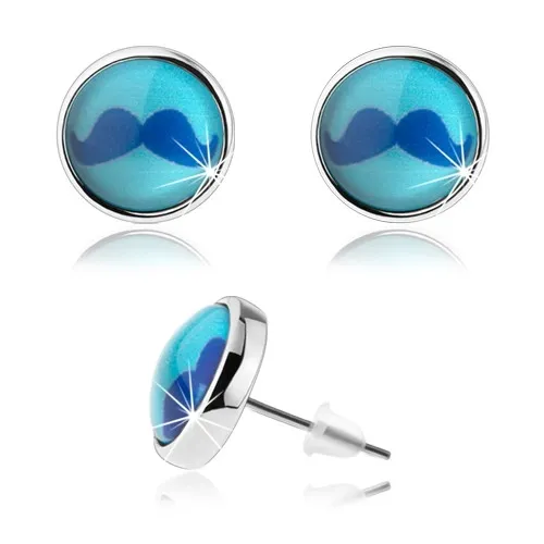 Puzetové cabochon náušnice, vypuklé sklo, obrázok modrých fúzov