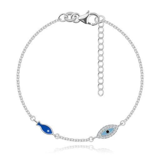 Náramok v striebre 925 - vševidiace oko so zirkónmi, modrá rybka