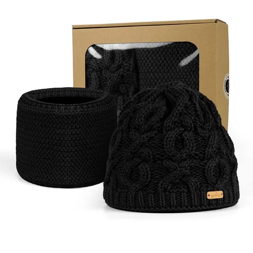Bontis Darčekové balenie: Dámska čiapka s vypleteným vzorom a nákrčník - Čierna