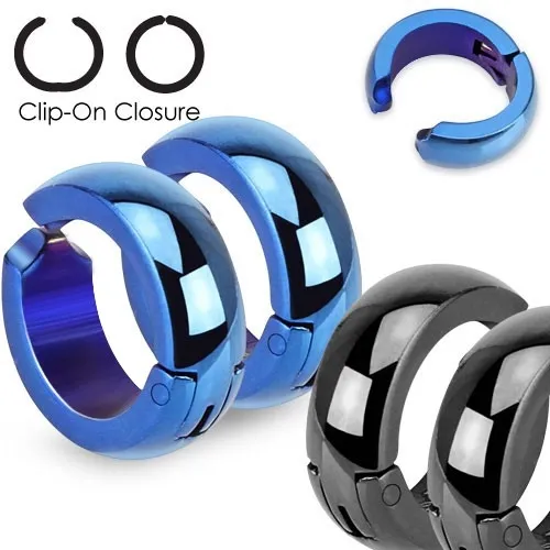 Oceľové náušnice, lesklé hladké krúžky s klipsňovým zapínaním - Farba: Čierna