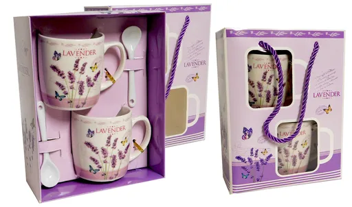 MAKRO - Hrnček 2ks a lyžička 2ks levanduľa v darčekovej taške, keramika