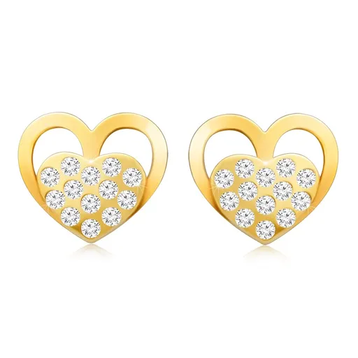 Puzetové náušnice v zlate 585 - dvojité srdce, číre zirkóny