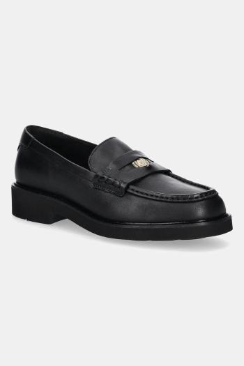 Kožené mokasíny Tommy Hilfiger CREST SQUARISH TOE PENNY LOAFER čierna farba, na plochom podpätku, FW0FW08633